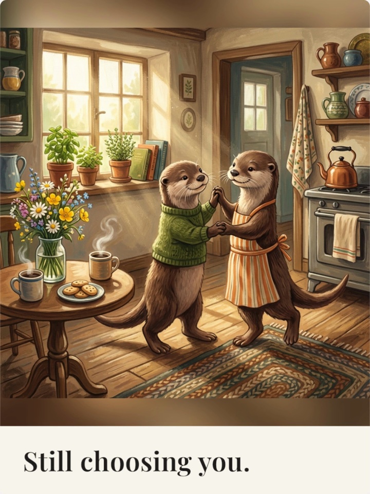 Two illustrated otters dancing in a cozy kitchen with the greeting Still choosing you.