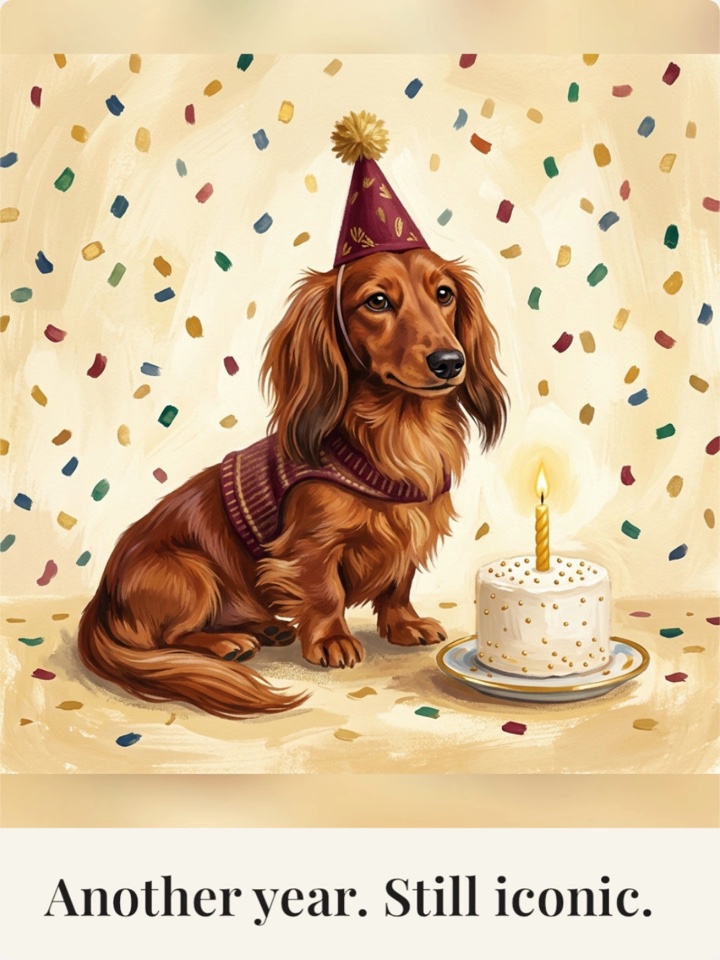 Illustrated dachshund in a party hat with the greeting Another year. Still iconic.