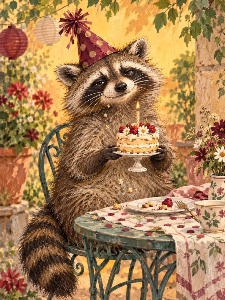 A disheveled raccoon in a crooked party hat proudly holding a tiny birthday cake